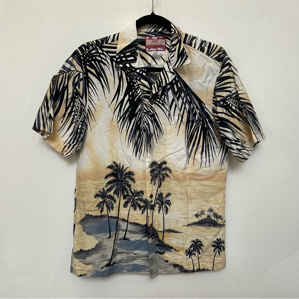 RJC Beach Palm Hawaiian Shirt Size Medium Made in Hawaii Front and Back Print